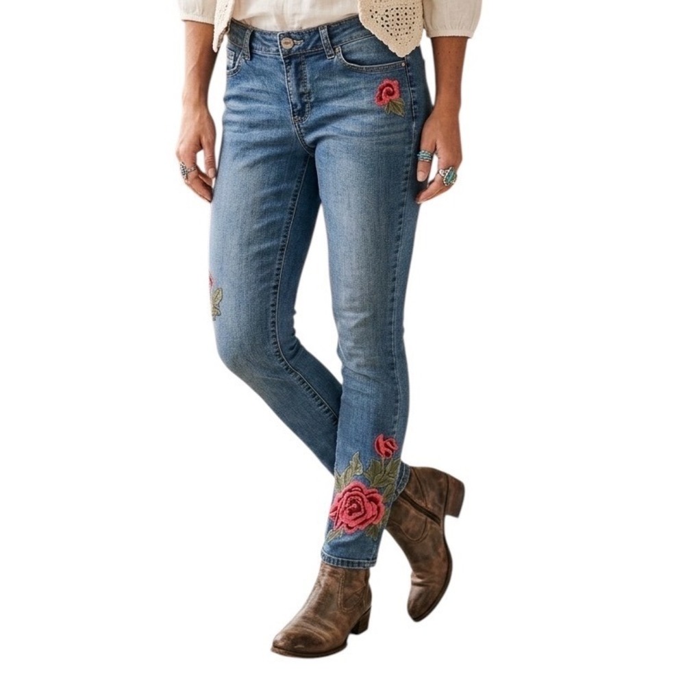 Vintage America Blues Boho Skinny Jeans Floral Embroidered Rose 3D Detail 8R/29